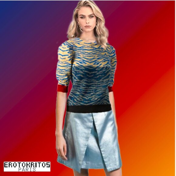 EROTOKRITOS-PARIS Abstract Zebra Jacquard Gradient Short Sleeve Top Sz M - Picture 1 of 6